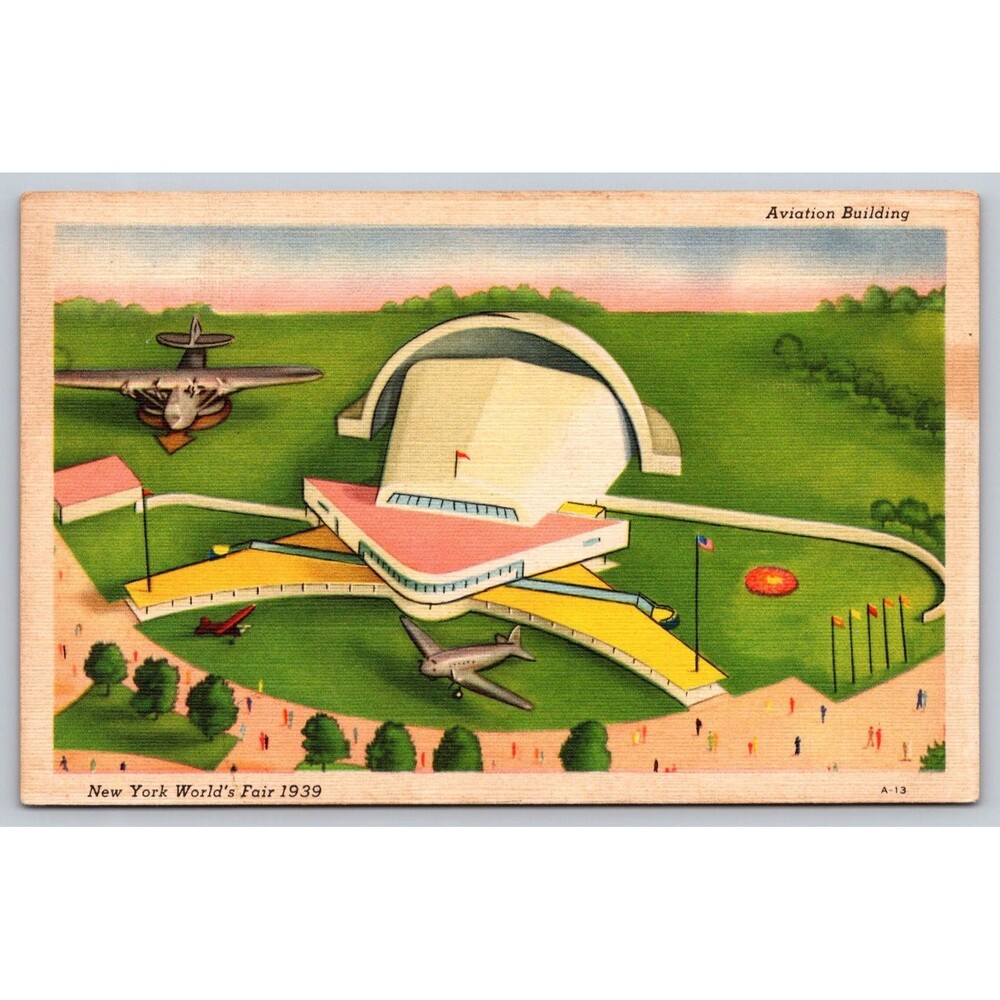 1939 New York World's Fair Postcard Aviation Building Linen Used Jersey City NJ